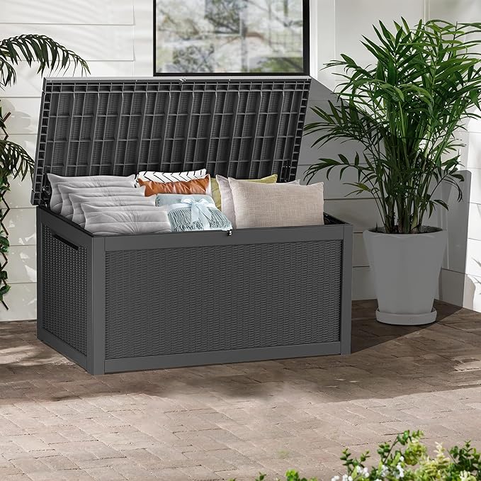 320 Gallon Lockable Resin Deck Box, Waterproof & UV-Resistant Outdoor Storage Box for Outdoor Cushion Storage, Garden Tools & Pool Accessories Storage, Black-VerdiqueGarden