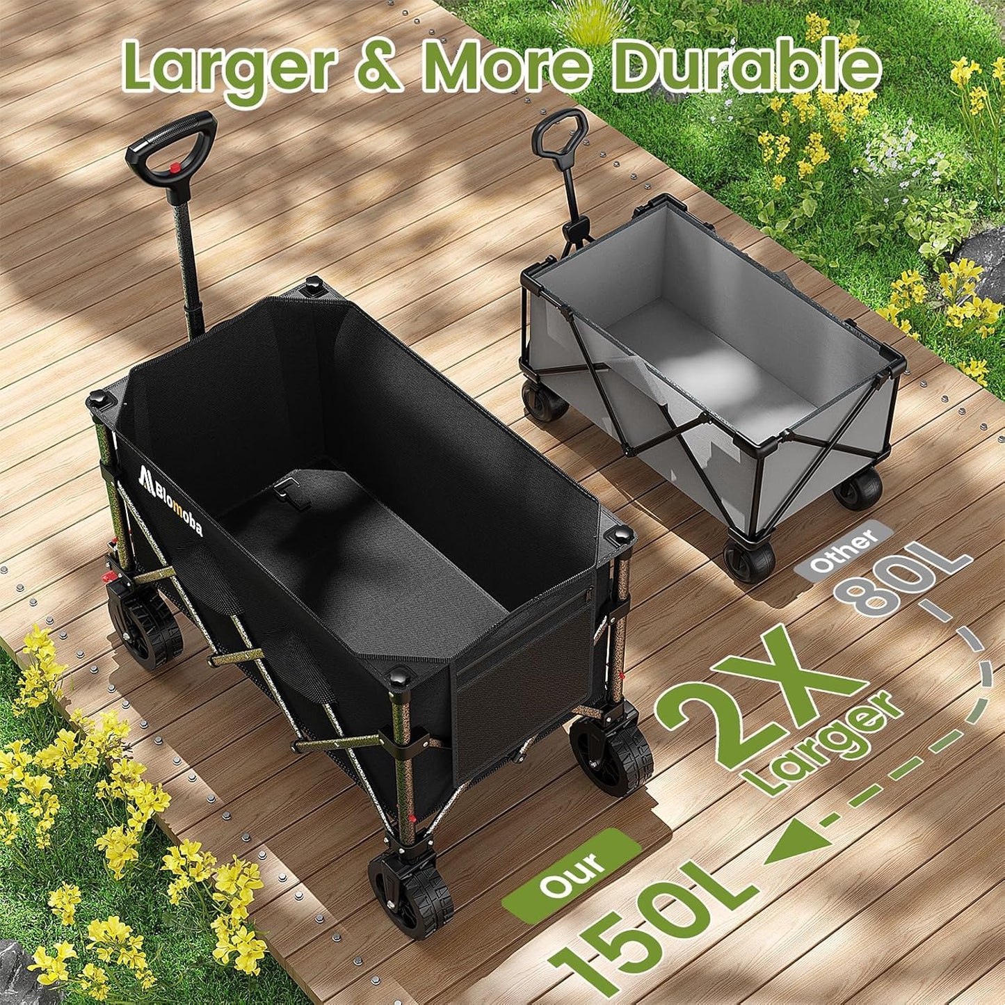 Collapsible Wagon Cart, 150L Heavy Duty Foldable Beach Wagon with Wider Wheels & Auto-Rebound Handle, Utility Grocery Shopping Cart for Garden, Shopping, Camping, Sports, Black-VerdiqueGarden