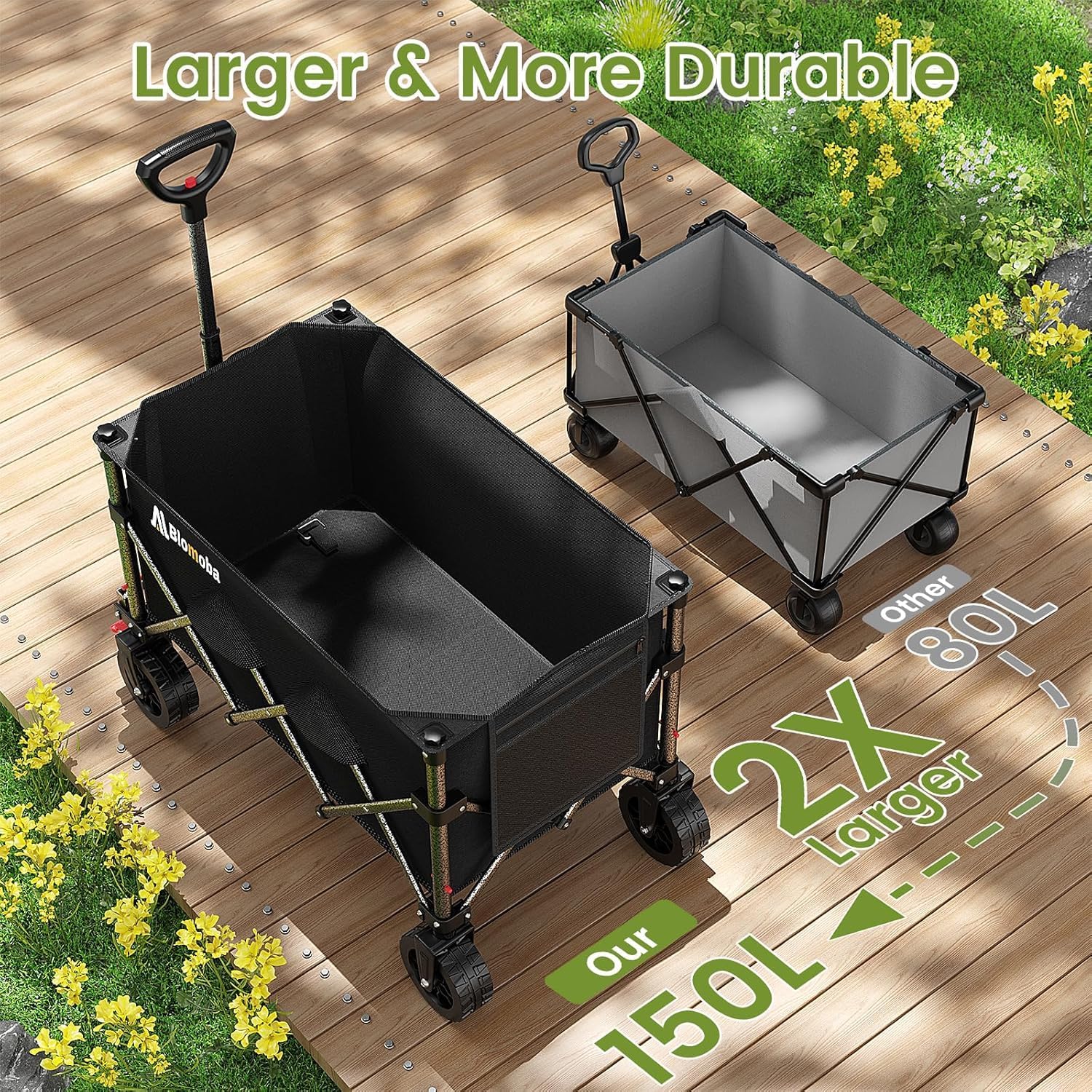 Collapsible Wagon Cart, 150L Heavy Duty Foldable Beach Wagon with Wider Wheels & Auto-Rebound Handle, Utility Grocery Shopping Cart for Garden, Shopping, Camping, Sports, Black-VerdiqueGarden