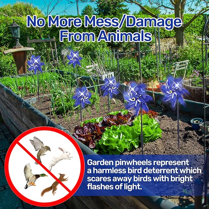 BATTIFE 10 Packs Blue Pinwheels for Yard and Garden, Sparkly Reflective Pinwheel for Scare Birds Away, Wind Spinner Deterrent Outdoor-VerdiqueGarden