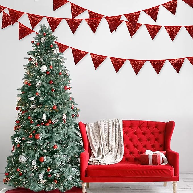 Pinkblume Red Decorations Double Sided Sequin Fabric Triangle Pennant Banner Flag Bunting Garland for Theme Nursery Classroom Home Bedroom Wall Valentines Day Holiday Christmas Decor-VerdiqueGarden