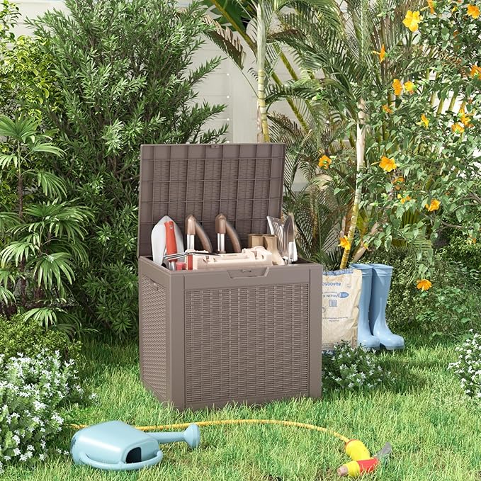 30 Gallon Resin Deck Box, Lockable Patio Outdoor Storage Box for Furniture, Garden Tools and Tools Storage, Waterproof Outside Storage Boxes - Grey-VerdiqueGarden