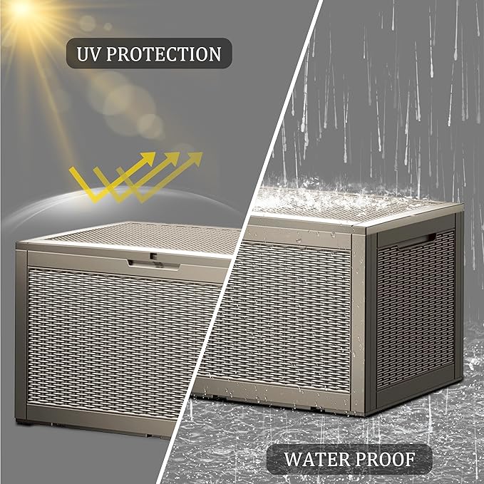 100 Gallon Lockable Resin Deck Box, Waterproof & UV-Resistant Outdoor Storage Box for Outdoor Cushion Storage, Garden Tools & Pool Accessories Storage, Gray-VerdiqueGarden