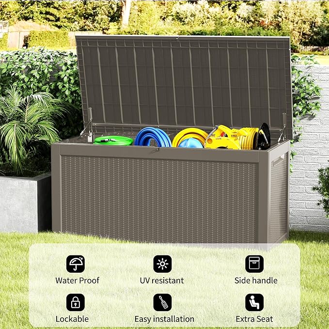 320 Gallon Lockable Resin Deck Box, Waterproof & UV-Resistant Outdoor Storage Box for Outdoor Cushion Storage, Garden Tools & Pool Accessories Storage, Gray-VerdiqueGarden