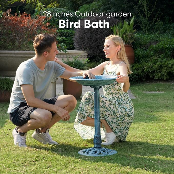 VIVOHOME 28 Inch Height Polyresin Lightweight Antique Outdoor Garden Bird Bath Blue-VerdiqueGarden