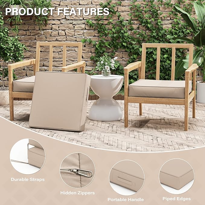 Patio Chair Cushions 22 X 22 X 4 Inch Waterproof Outdoor Seat Cushions for Patio Furniture, Outdoor Sofa Couch Pads with Ties & Handle, Set of 2, Sand-VerdiqueGarden