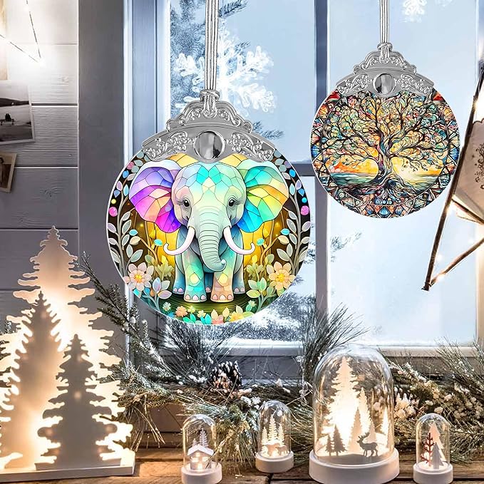 Stained Glass Suncatcher, Jocidea Elephant Ornament, Christmas Ornaments, Holidays Ornaments, Christmas Tree Decor, Elephant Decor for Home, Elephant Gifts-VerdiqueGarden