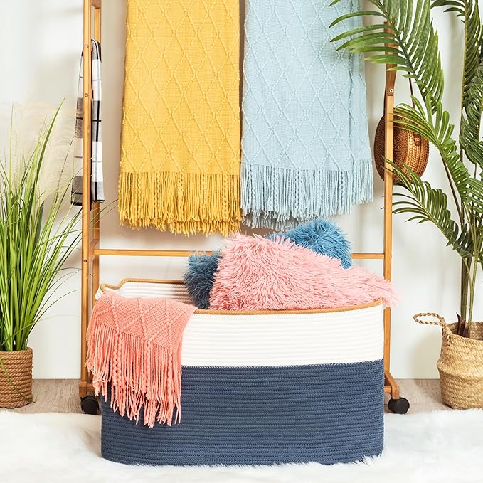 MINTWOOD Design 22in Extra Large Blanket Basket Holder Living Room, Rectangle Rope Woven Storage Basket with Handles for Laundry, Pool Towels, and Shoes, Dog Toy Organizer Bin Box, Prussian Blue-VerdiqueGarden