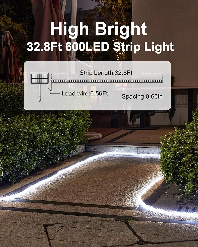 LUHLEE Solar LED Strip Lights, Upgrade Outdoor Rope Lights 8 Lighting Modes,IP65 Waterproof String Lights for Patio Yard Deck Porch Balcony Garden (White, 32.8 ft)-VerdiqueGarden