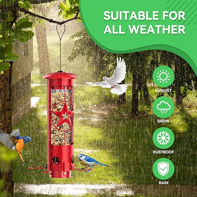 Squirrel Proof Bird Feeders for Outdoors Hanging, Metal Squirrel Proof Bird Feeder with Gravity Protection, 3LB Large Capacity Wild Bird Feeders for Outside Finch, Cardinal, Blue Jay (Red)-VerdiqueGarden