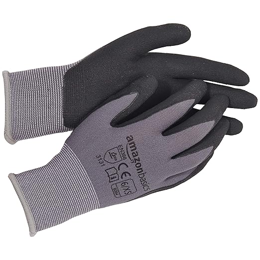 Amazon Basics Micro-Foam Nitrile Coated Work Gloves, Nylon Liner Fiber, Touch Screen, Grey, Size 6/XS, 12-Pair-VerdiqueGarden