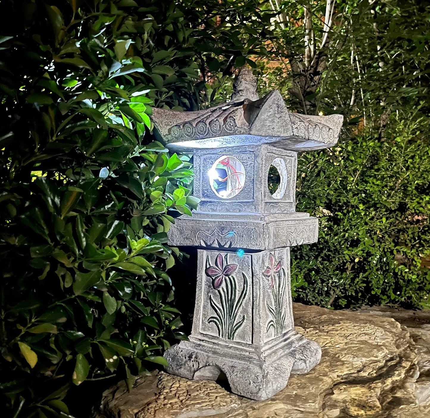 23.6’’High Asian Orchid Pagoda Statue Solar-Powered LED Light Miniature Tower Lantern Garden Decoration Figurines Solar Lamp Outdoor Japanese Decoration Zen Courtyard Landscape-VerdiqueGarden