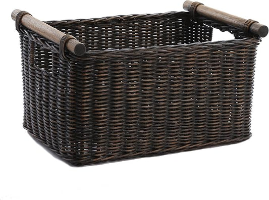The Basket Lady Pole Handle Wicker Storage Basket, Medium, 16 in L x 12 in W x 8.25 in H, Antique Walnut Brown-VerdiqueGarden
