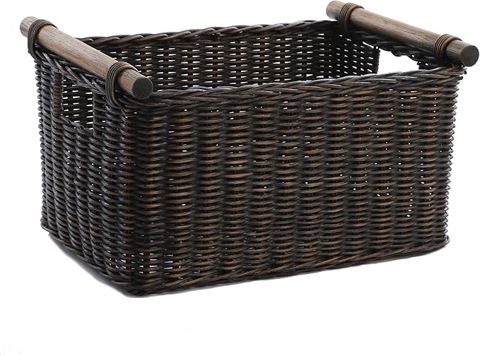 The Basket Lady Pole Handle Wicker Storage Basket, Small, 14 in L x 10 in W x 7.5 in H, Antique Walnut Brown-VerdiqueGarden