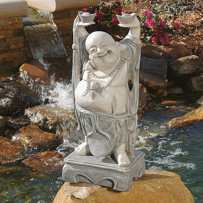 Design Toscano Jolly Hotei Laughing Man Asian Decor Indoor/Outdoor Garden Statue, 26 inches tall, Cast Stone Resin, Two Tone Stone Finish-VerdiqueGarden