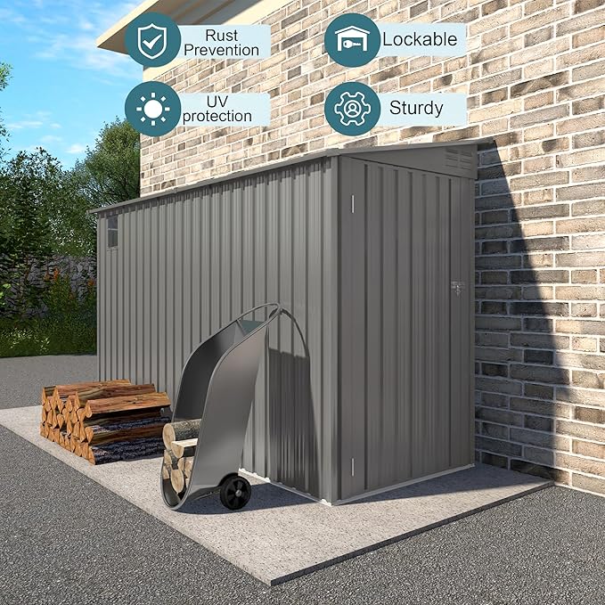 4 * 9.2 FT Outdoor Storage Shed, Galvanized Steel Garden Shed with Lockable Door & Window, Waterproof Metal Tool Storage for Garden, Backyard, Patio, Lawn(Gray)-VerdiqueGarden
