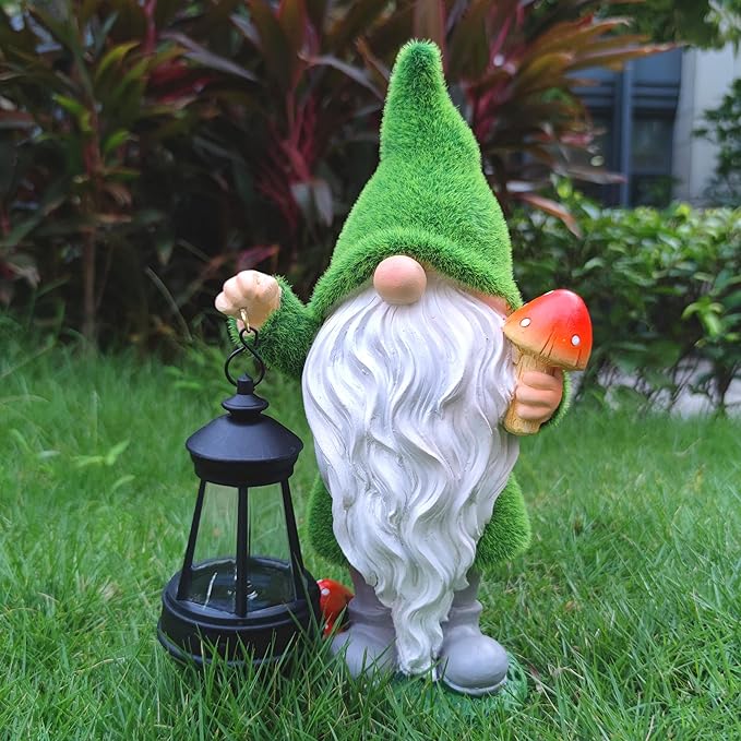 Solar Gnomes Garden Statues,Resin Gnome Figurine Holding Mushroom and Solar Lights Lantern,Outdoor Yard Art Decorations for Garden Patio Lawn-VerdiqueGarden