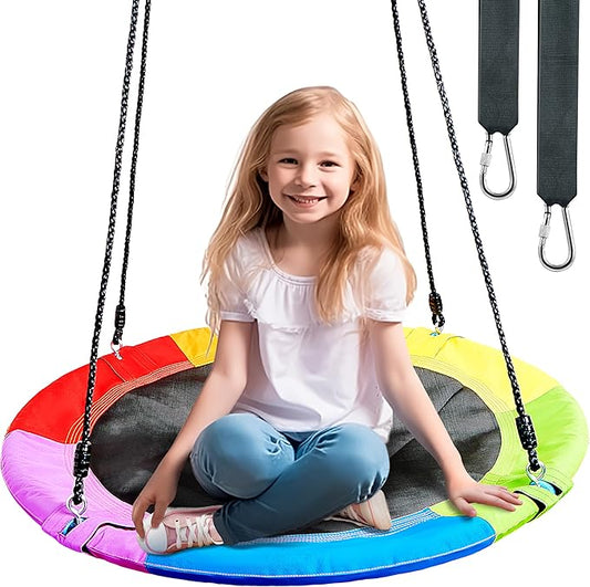 TURFEE 40" Saucer Tree Swing for Kids - 900Lb Weight Capacity, 900D Waterproof Oxford Fabric Platform Swing Seat with Adjustable Ropes for Kids Playground Outdoor Activity Backyard Fun (Rainbow)-VerdiqueGarden