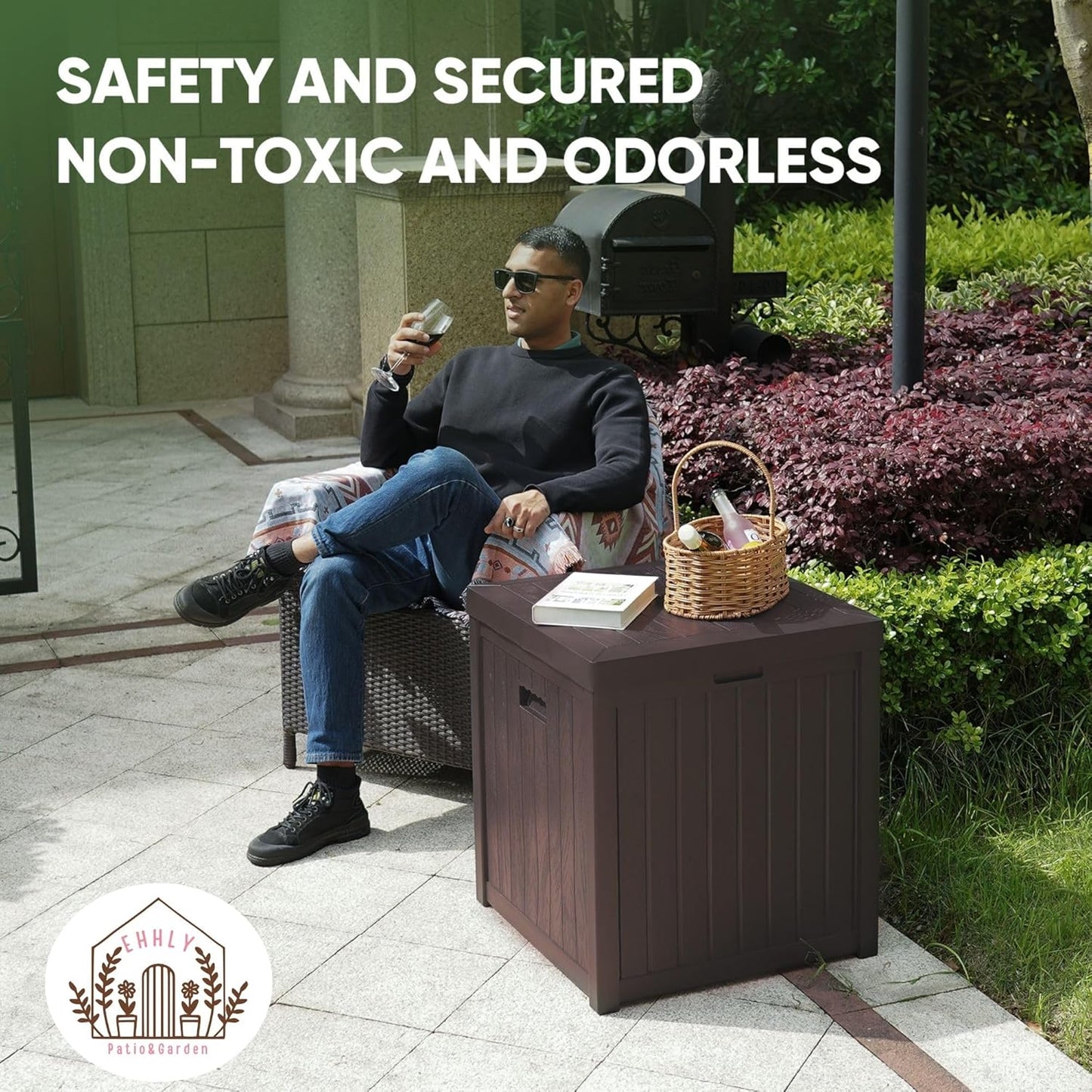 Deck Box, 51 Gallon Front Porch Package Bin Delivery Box for Outside, Small Patio Outdoor Storage Boxes Waterproof, UV Resistant Plastic Resin Pool Storage Bins with lids, Brown-VerdiqueGarden