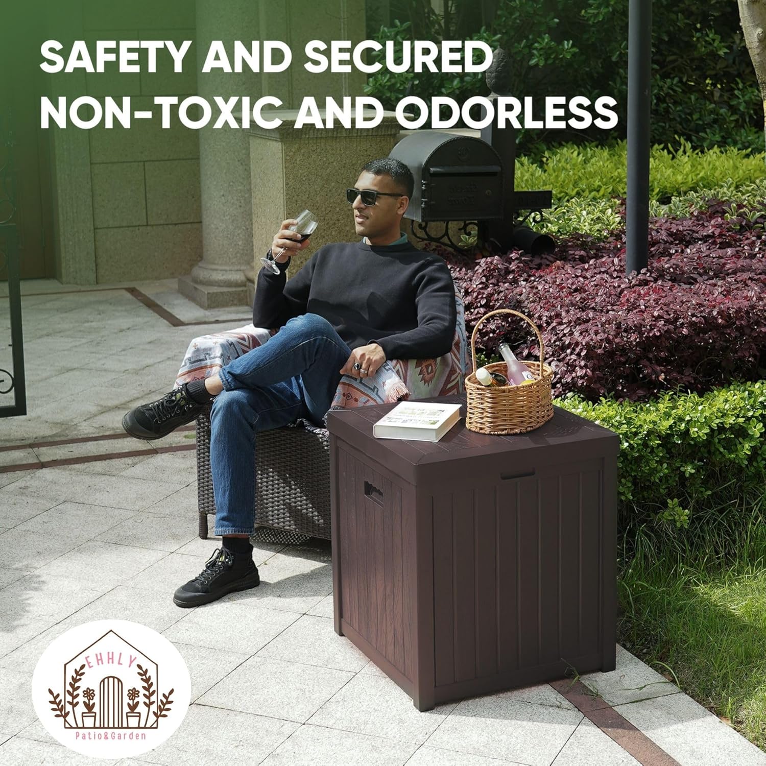 Deck Box, 51 Gallon Front Porch Package Bin Delivery Box for Outside, Small Patio Outdoor Storage Boxes Waterproof, UV Resistant Plastic Resin Pool Storage Bins with lids, Brown-VerdiqueGarden