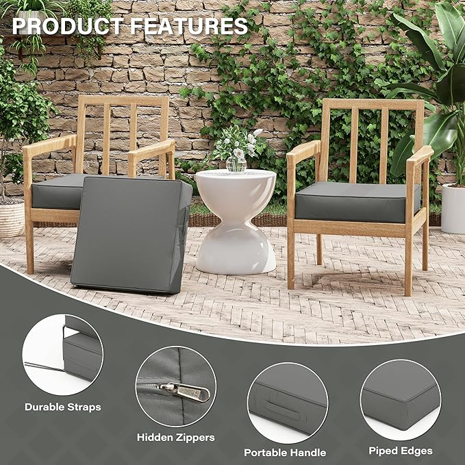 Patio Chair Cushions 19 X 19 X 4 Inch Waterproof Outdoor Seat Cushions for Patio Furniture, Outdoor Sofa Couch Pads with Ties & Handle, Set of 2, Light Grey-VerdiqueGarden