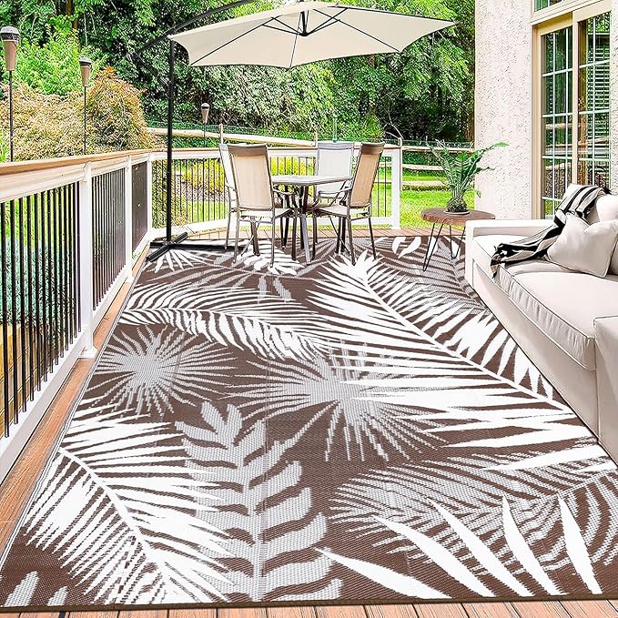 HiiARug Outdoor Rugs 9'x12' for Patios Clearance Brown Reversible Outdoor Rug, Outdoor Plastic Straw Rug RV Camping Rug Large Outdoor Mat for RV, Patio, Backyard, Deck, Picnic, Beach, Trailer, Camping-VerdiqueGarden