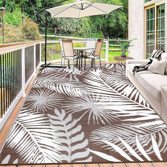 HiiARug Outdoor Rugs 9'x12' for Patios Clearance Brown Reversible Outdoor Rug, Outdoor Plastic Straw Rug RV Camping Rug Large Outdoor Mat for RV, Patio, Backyard, Deck, Picnic, Beach, Trailer, Camping-VerdiqueGarden