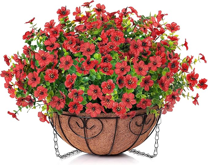 Artificial Fake Hanging Red Plants Flowers Basket for Outdoor Fall Winter Christmas, Faux Silk Daisy Mums Look Real UV Resistant for Outside Porch Home Patio Garden Yard Decoration-VerdiqueGarden