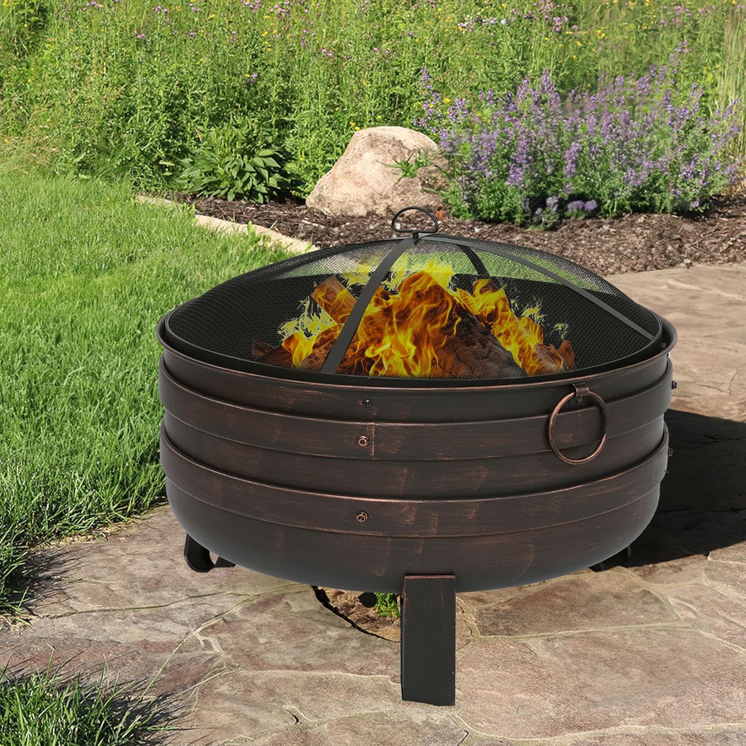 Sunnydaze 24-Inch Heavy-Duty Steel Cauldron Fire Pit - Includes Spark Screen and Protective Cover - Brushed Bronze-VerdiqueGarden