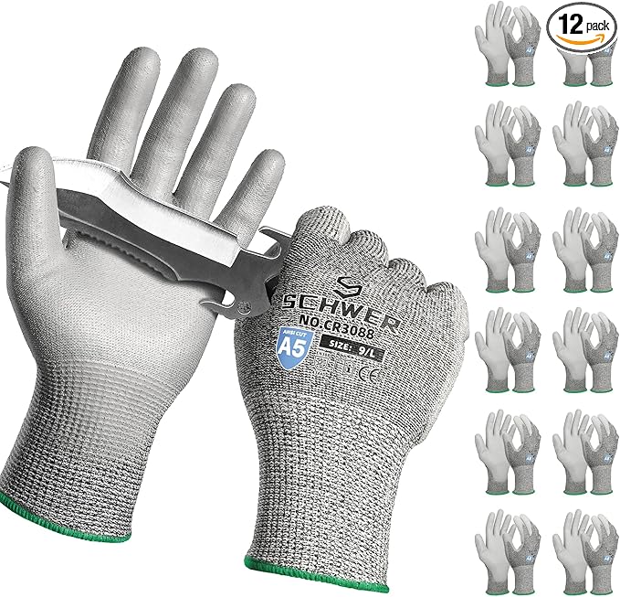 Schwer 12 Pairs ANSI A5 Cut Resistant Work Gloves, Cut Proof Gloves with PU Coating, Used for Metal Fabrication, WoodWorking, Construction, Non Slip, Durable, L, CR3088-VerdiqueGarden