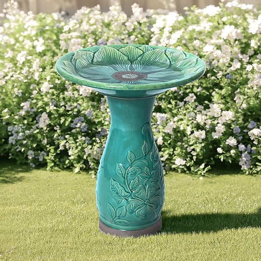 LuxenHome 23 Inch Ceramic Bird Bath for Outside, Elegant Tall Outdoor Bird Bath, Lightweight Pedestal Glazed Birdbaths for Outdoors with Floral Embossed Design, Jade Green-VerdiqueGarden