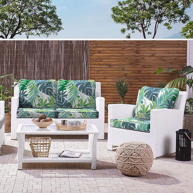 LVTXIII Outdoor Deep Seat Cushion Patio Seat and Back Cushion Set Seasonal Chair Cushion for Dining Arm Chairs, Wicker Chairs and Garden Furniture Decoration, 22"x22"x4", Islamorada Blue Green-VerdiqueGarden