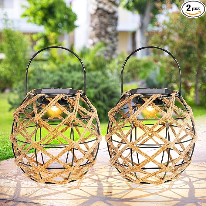 HPC Decor 2 PK Solar Lanterns-Outdoor Waterproof, Hemp Rope, Hanging Outdoor, Round Lamp Boho Decor for Garden, Yard, Patio, Porch, Pathway.-VerdiqueGarden