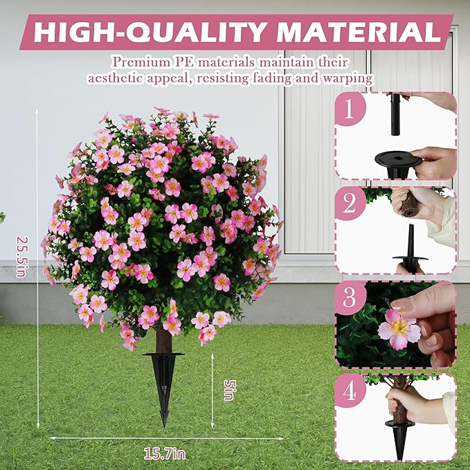 Sunnyglade Set of 2 Artificial Boxwood Topiary Ball Trees with Pink Flower, Faux Shrub Bushes with Ground Spike 25.5", UV Resistant Fake Boxwood Plants for Indoor, Garden, Porch, Patio Decor (Pink)-VerdiqueGarden