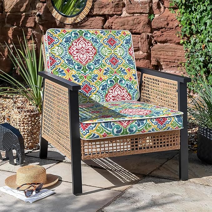 LVTXIII Patio Chair Cushions 22"x22"x3", Water-Repellent Outdoor Seat Cushions for Patio Furniture, Square Chair Pads with Ties for Home Garden Decoration, Set of 2, Damask Red-VerdiqueGarden