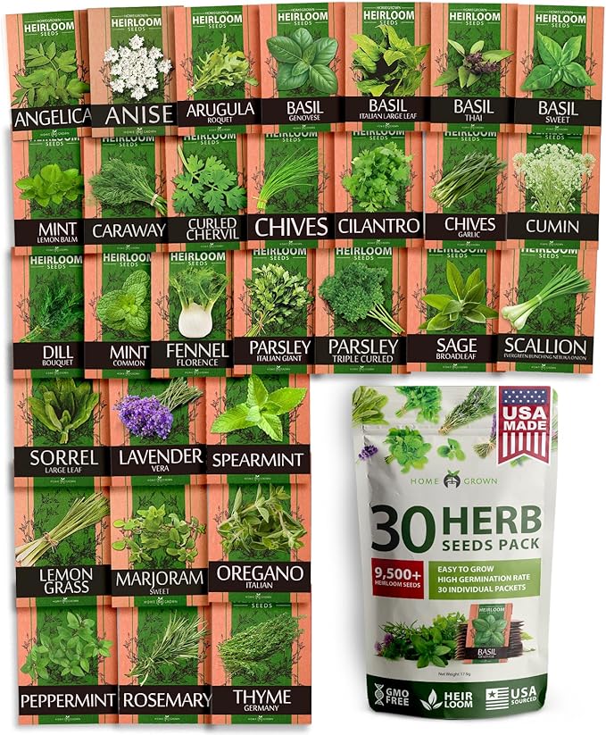 HOME GROWN 30 Herb Seeds for Planting 9,500+ Non-GMO Heirloom Seeds | Extra Large Variety Pack Herb Kit – Indoor Outdoor & Hydroponic | Culinary Seed Set | Grow Your Own Herbs | Gardening Gift-VerdiqueGarden