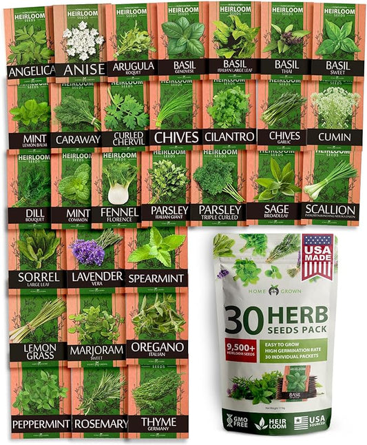 HOME GROWN 30 Herb Seeds for Planting 9,500+ Non-GMO Heirloom Seeds | Extra Large Variety Pack Herb Kit – Indoor Outdoor & Hydroponic | Culinary Seed Set | Grow Your Own Herbs | Gardening Gift-VerdiqueGarden