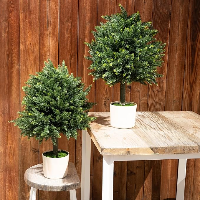 Premium 16" Diameter Artificial Cypress Topiary – Set of 2 Faux Plants in Beige Decorative Planters – UV-Resistant, Weatherproof, Realistic Outdoor & Indoor Greenery-VerdiqueGarden