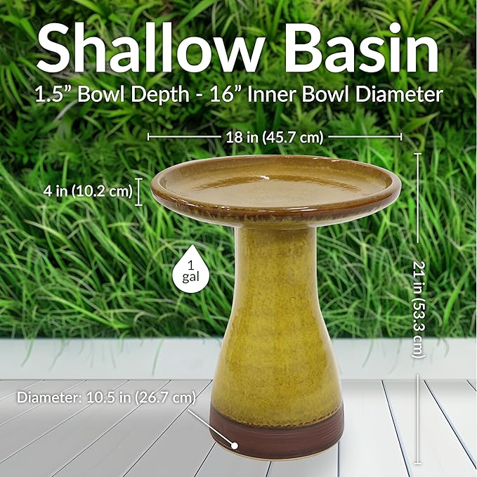 Sunnydaze 21" H Ceramic Bird Bath for Outside - Hand-Painted Outdoor Bird Bath Bowl, UV/Frost-Resistant Finish - Cognac Yellow - Ribbed Pedestal-VerdiqueGarden