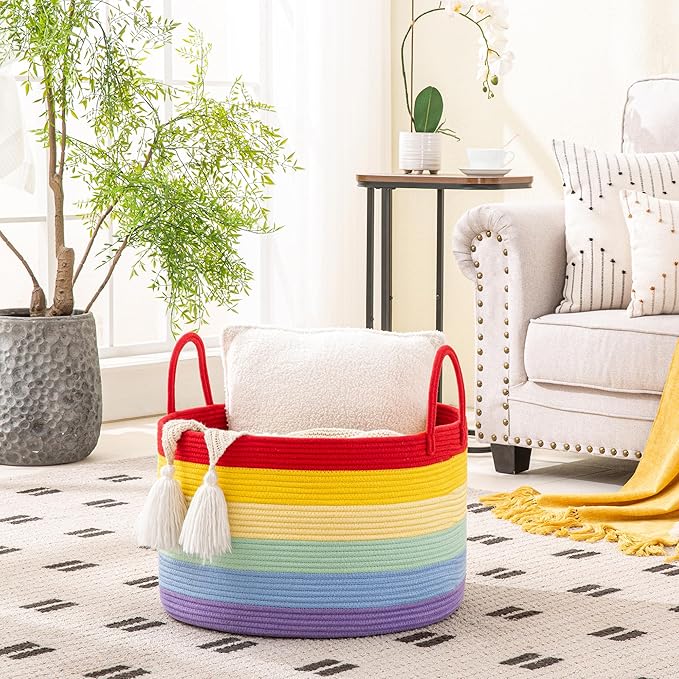 KAKAMAY Large Blanket Basket (20"x13"),Woven Baskets for storage Baby Laundry Hamper, Cotton Rope Blanket Basket for Living Room, Laundry, Nursery, Pillows, Baby Toy chest (Rainbow)-VerdiqueGarden