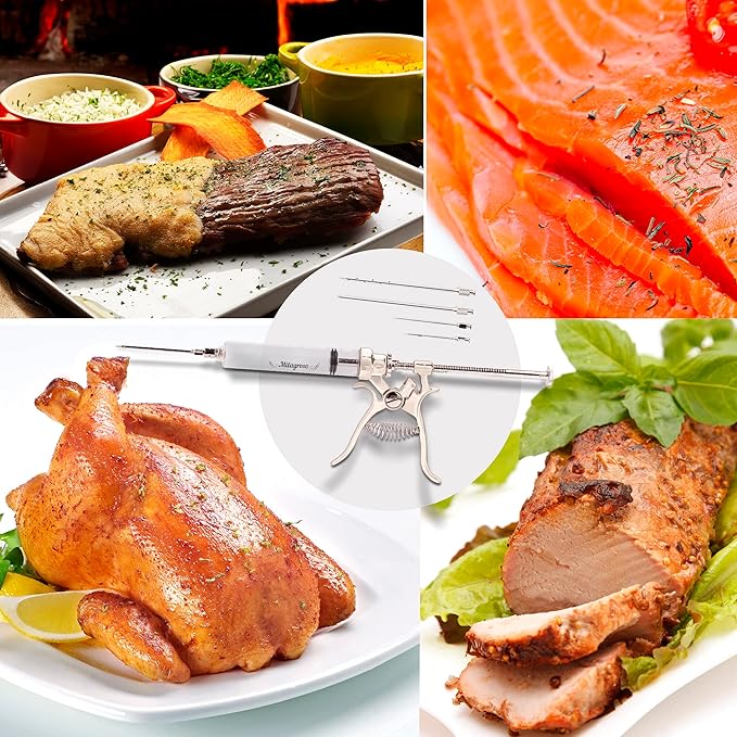 Meat Injector Syringe Stainless Steel Outdoor Meat Kit Marinade Flavor Food Injector Syringes with 4 Marinades Needles Grill Smoker Injectors Professional Syringe Held Culinary Barbecue Tool For BBG-VerdiqueGarden