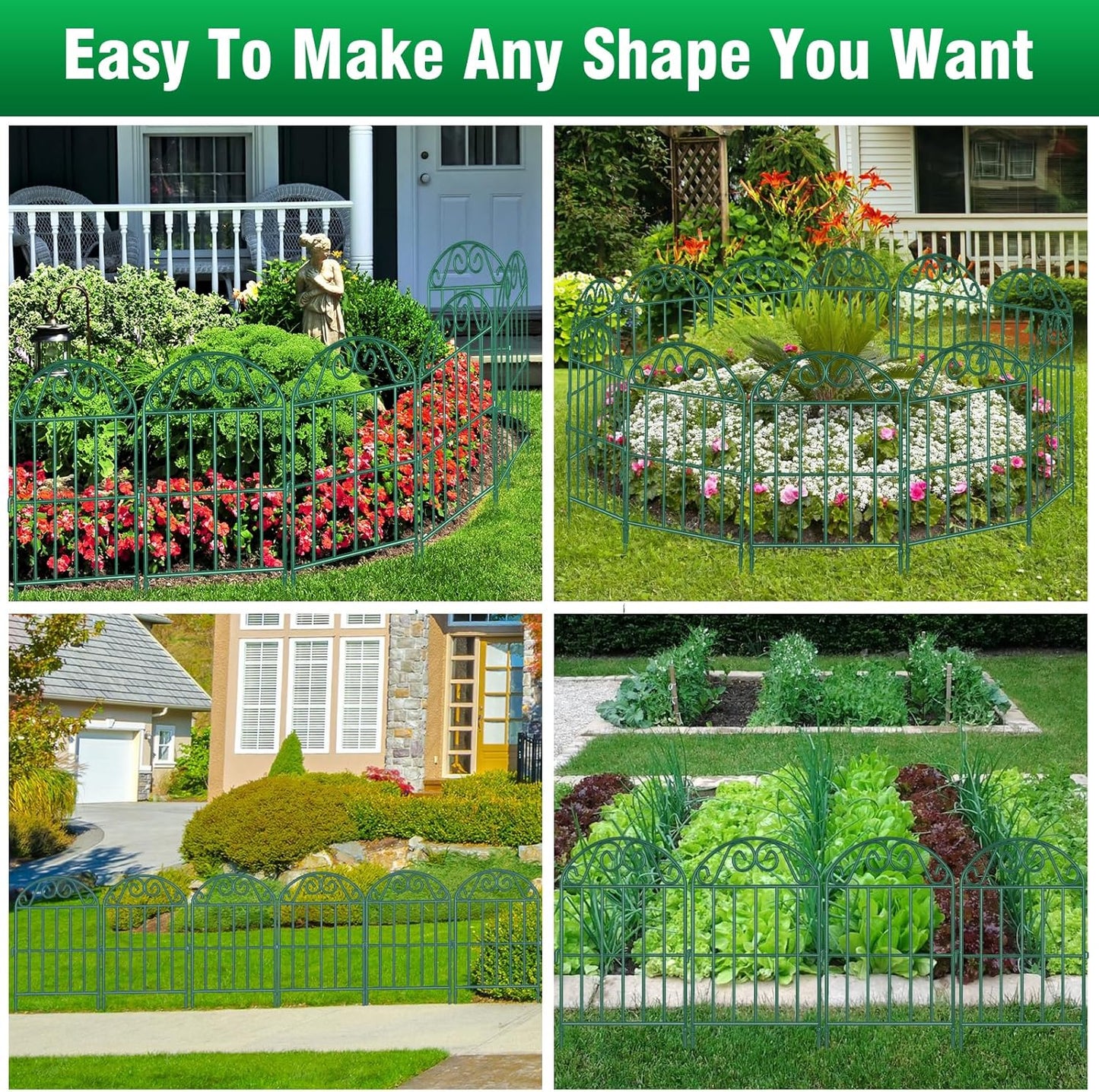 ADAVIN 24Panels Collapsible Garden Fence Animal Barrier, 26 Ft(L) x 24 in(H) Green Rustproof Metal Wire Panel Border for Dogs Rabbits, Flower Edging for Landscape Patio Yard Outdoor Decor, Arched-VerdiqueGarden