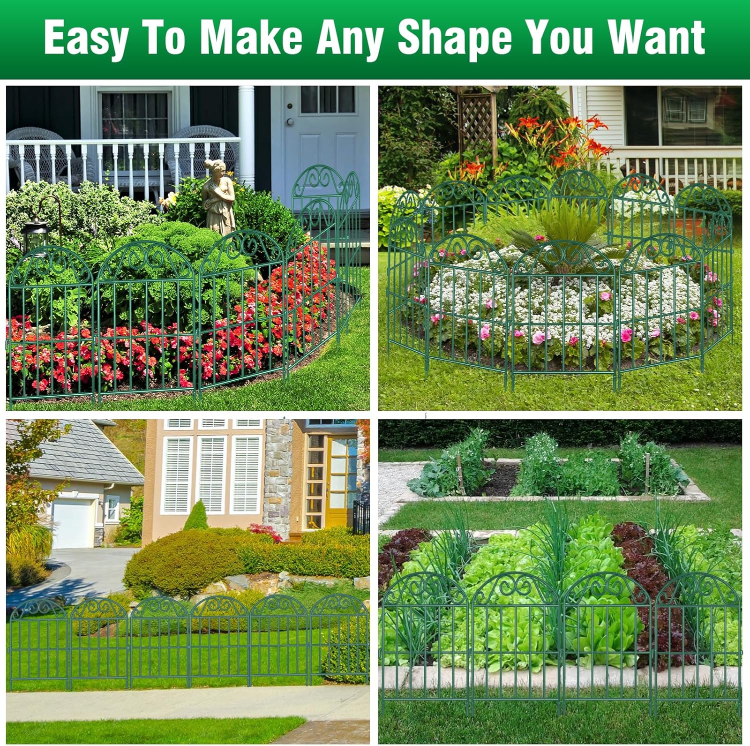 ADAVIN 10 Panels Collapsible Garden Fence Animal Barrier,11 Ft(L) x 24 in(H) Green Rustproof Metal Wire Panel Border for Dogs Rabbits, Flower Edging for Landscape Patio Yard Outdoor Decor, Arched-VerdiqueGarden