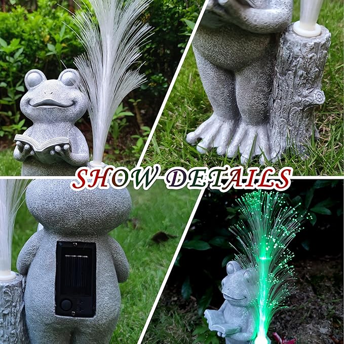Frog Statue Solar Garden Decor,Resin Frog Statues and Colour Changing Optical Fiber Solar Lights,Outdoor Decoration for Balcony, Garden, Patio, Yard, Lawn,Gifts for Mom Grandma-VerdiqueGarden