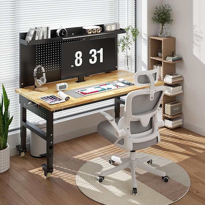 48" Heavy Duty Adjustable Workbench with Large Pegboard, Adjustable Work Table with Power Outlets & Lockable Wheels, Rubber Wood Workstation for Garage, Workshop, Office, Home, Commercial-VerdiqueGarden