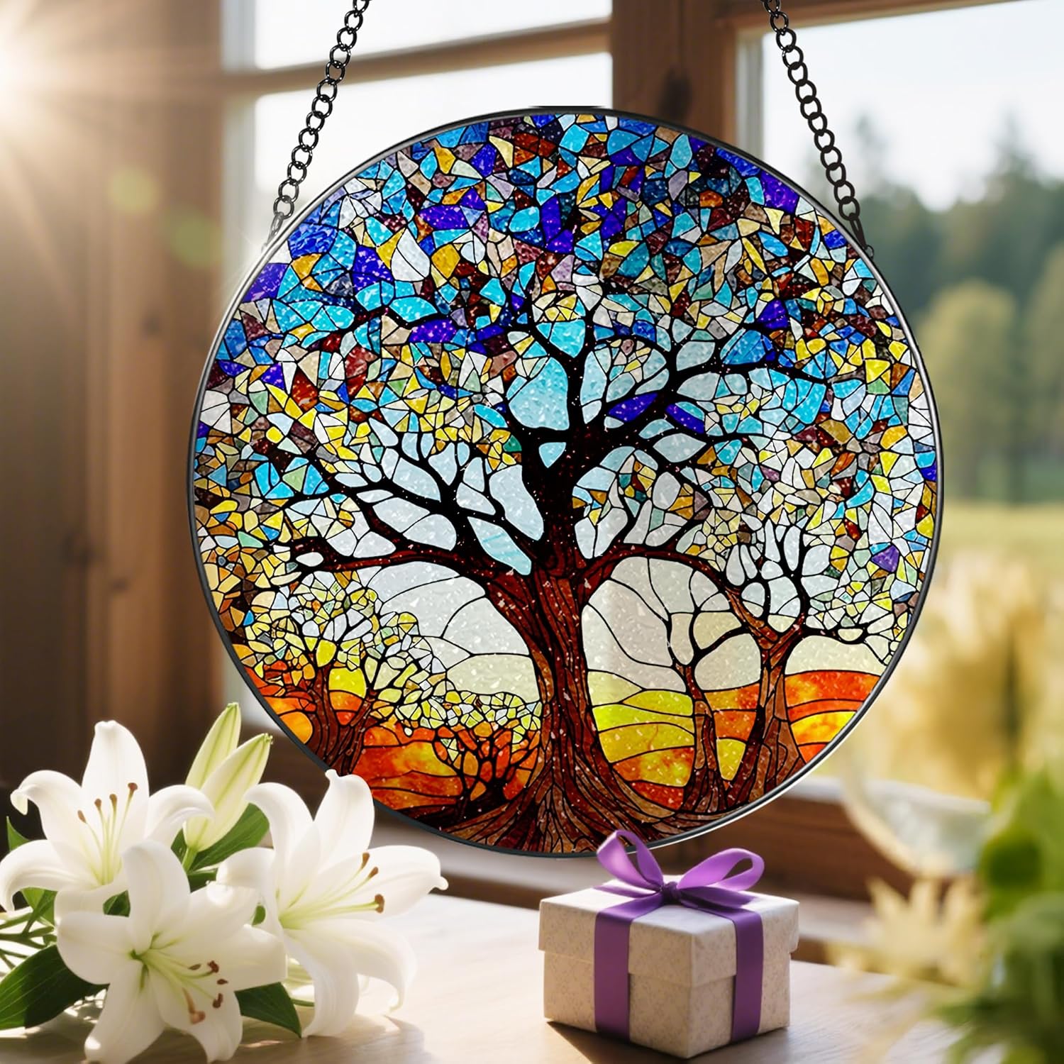 Stained Glass Window Hanging, LAOWEIKI 8'' Tree of Life Suncatcher, Stained Glass Ornament, Suncatchers for Windows Hanging, Window Decor, Outdoor or Indoor, Gifts for Women, Lovers, Couple, Friends-VerdiqueGarden