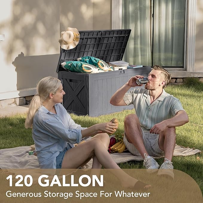 Devoko 120 Gallon Deck Box Resin Outdoor Storage Box Waterproof for Patio, Large Outdoor Storage Bench Lockable for Outside (Grey)-VerdiqueGarden