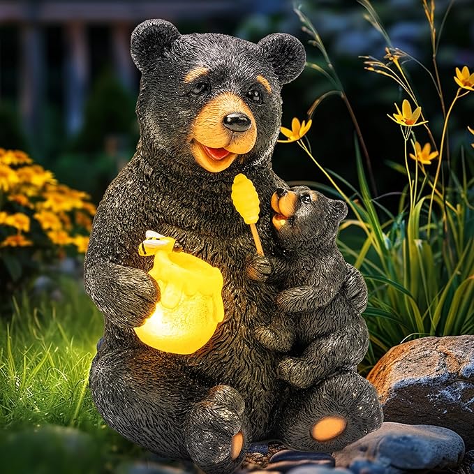 GIGALUMI Solar Garden Statues Loving Bear Figurine Lights for Outside, Yard Decorations Outdoor, Garden Decor Unique Birthday Housewarming Gifts for Mom, Women, Black-VerdiqueGarden