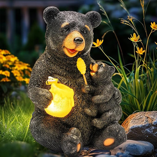 GIGALUMI Solar Garden Statues Loving Bear Figurine Lights for Outside, Yard Decorations Outdoor, Garden Decor Unique Birthday Housewarming Gifts for Mom, Women, Black-VerdiqueGarden