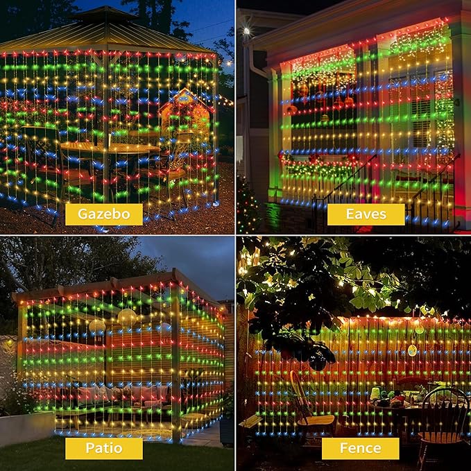 32.8 * 6.56FT Large Size Solar Curtain Lights Outdoor, 8 Modes String Icicle Lights, Garden Christmas Decortions for Patio, Gazebo, Eaves, Fence, Tree, Porch (Multicolor)-VerdiqueGarden